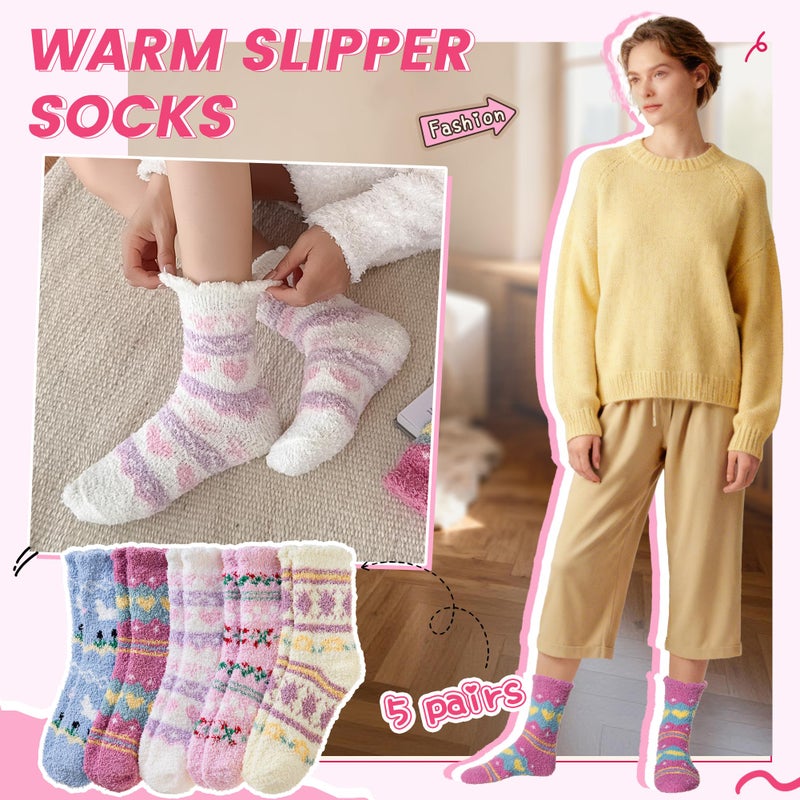 Eocom Womens Fuzzy Heart Socks Warm Fluffy Cozy Winter Slipper Thick Plush Fleece Crew Socks 5 Pairs(Pink/Purple Heart) - Image 3