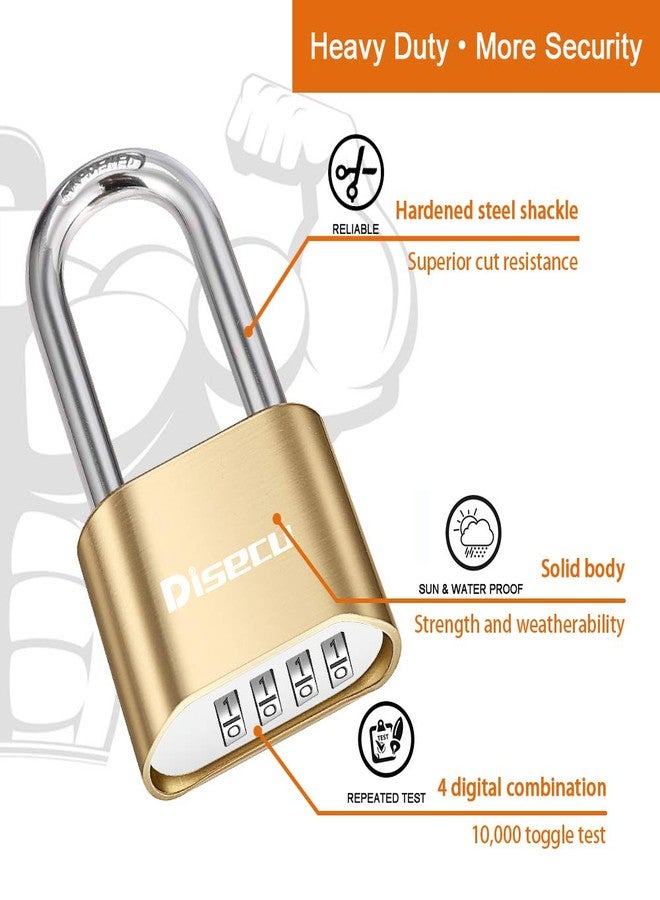 Disecu Heavy Duty 4 Digit Combination Lock 2.5 Inch Long Shackle Outdoor Waterproof Padlock for School Gym Locker, Fence, Gate, Case, Hasp Storage (Brass, 2 Pack) - Image 3