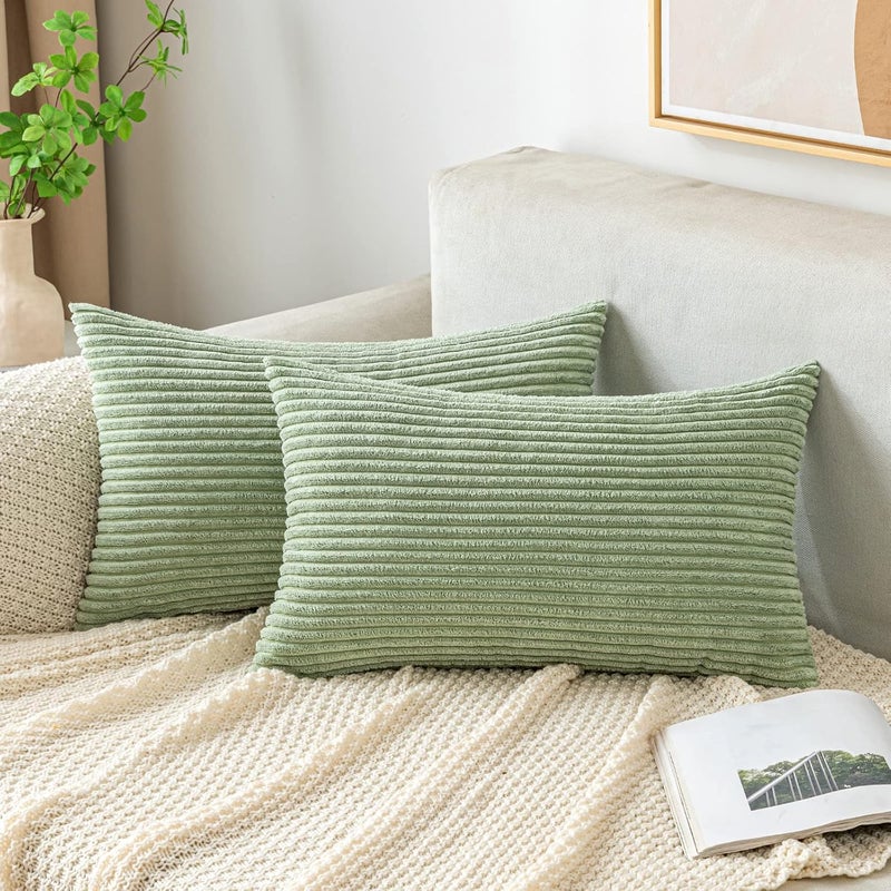 EMEMA Cushion Cover, 40 x 60 cm, Corduroy Cushion Covers, Decorative Cushion Covers, Sofa Cushion, Corduroy Cushion Cover, Decorative Soft, for Sofa, Living Room, Bedroom, Set of 2, Bean Green - Image 1