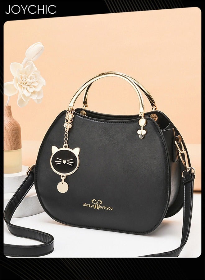 Joychic Korean Style Fashionable Girl Shell Bag Women Large Capacity Crossbody Bag Multi Pocket Shoulder Handbag with Lovely Cat Pendant for Travel Party Black - Image 2