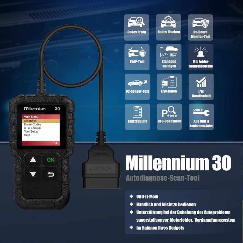 Launch ماسح ضوئي LAUNCH Millennium 30 OBD2 قارئ رموز السيارة مع وظائف OBD2 كاملة أداة تشخيص ضوء فحص المحرك مستشعر O2 نظام EVAP اختبار الدخان تحقق من جاهزية IM ماسح السيارة تحديث مجاني مدى الحياة - Image 2