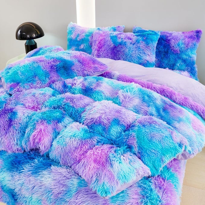 PLUSH SHAGGY BEDDING DUVET COVER SET FOR TEENS GIRLS 3PCS FAUX FUR FLUFFY VELVET COMFORTER COVER SET BLUE PURPLE TIE DYE FURRY BED SETS FOR KIDS TEENS BLUE PURPLE FULL