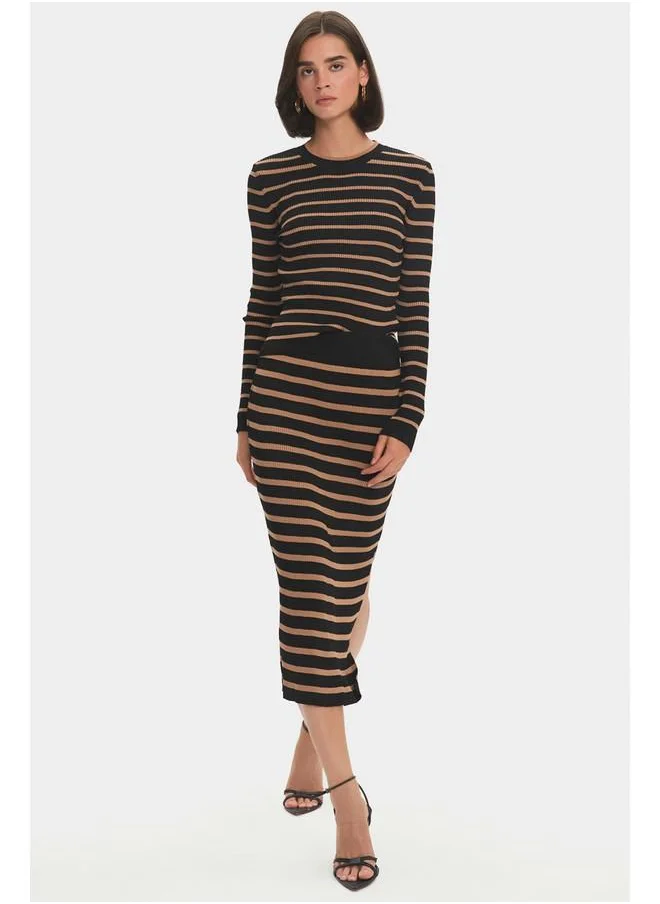 جون June Women Striped Crew Neck Knitwear Sweater - Skirt Set Black - Tan