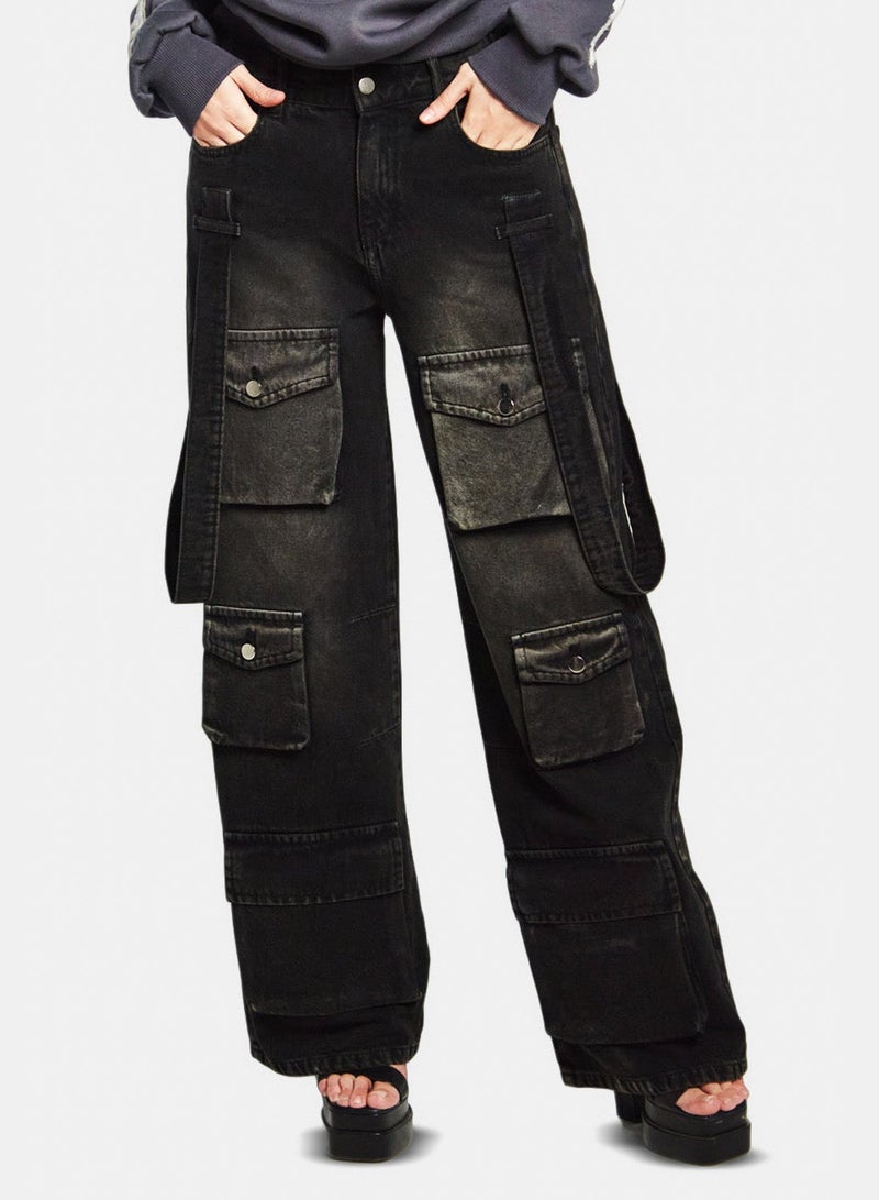 Black Acid Washed Cargo Denim-Black Acid Washed
