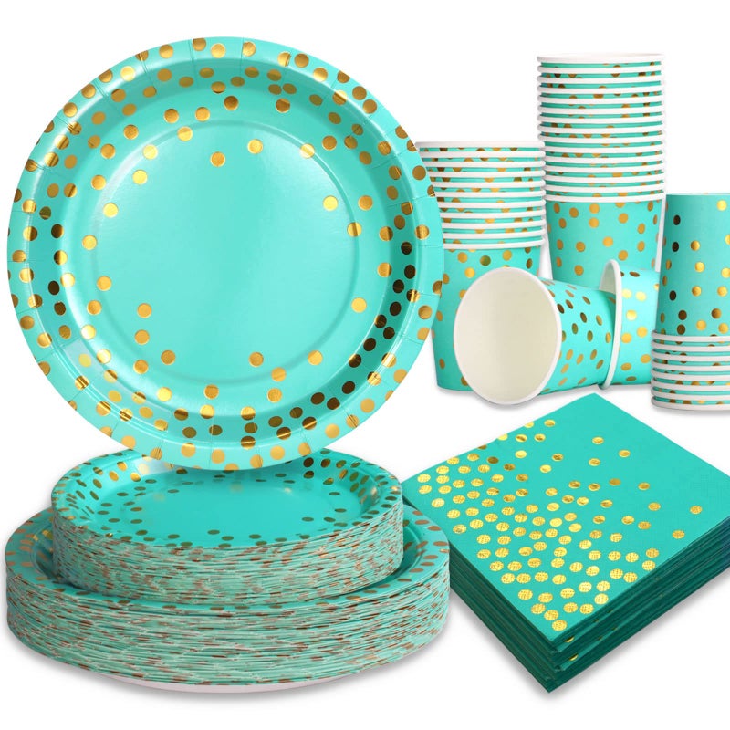 Gudvilla 200PCS Teal Plates and Napkins Party SuppliesTeal Paper Plates with Golden Dot Serve 50 GuestsTeal and Gold Birthday Decorations for Women Men Wedding Baby Shower Graduation