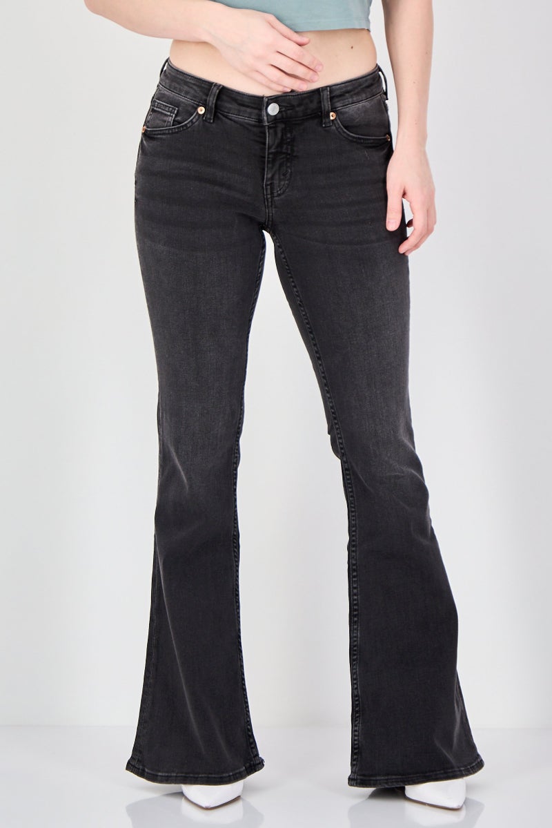 MONKI Women Regular Fit Washed Flare Leg Stretchable Jeans, Black - Image 1