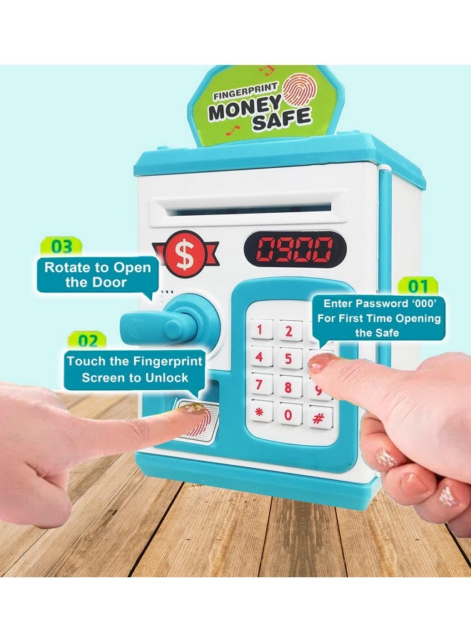 vGRASSP VGRASSP Money Safe Piggy Bank (The Gullak) Toy for Kids and Adults with 3 Step Unlock - Feed Number Password Touch Finger Sensor Then Twist Handle to Open The Door (Blue - White) - Image 3