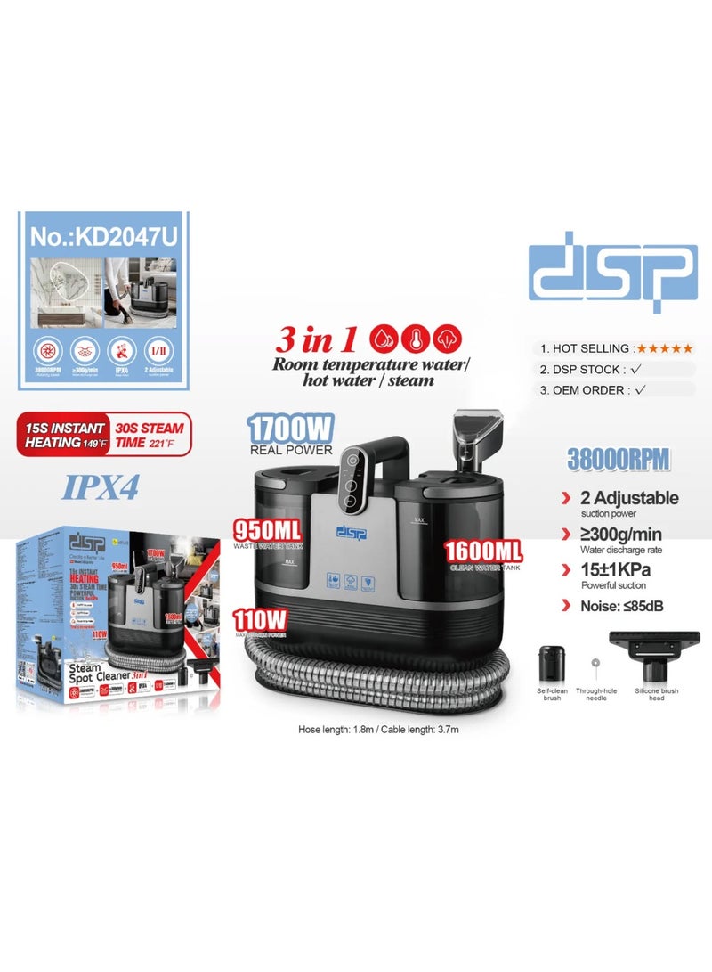 DSP KD2047u Steam Spot Cleaner 1700W Powerful Motor 3 IN 1 Spot Cleaner Lightweight Multifunctional Machine,1.25L/950ml Double Tank Compact Design for Sofa, Carpet, Car and Pet Pads KD2047U - Image 1
