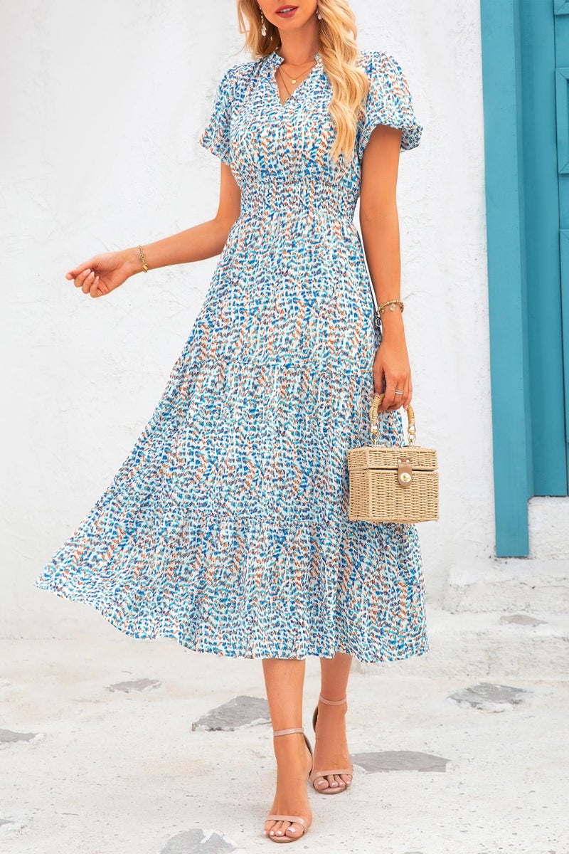 MASCOMODA Summer Maxi Dresses for Women 2026 Casual V Neck Puff Short Sleeve Smocked Flowy Beach Boho Long Floral Dress(Floral Blue White,X-Large) - Image 3