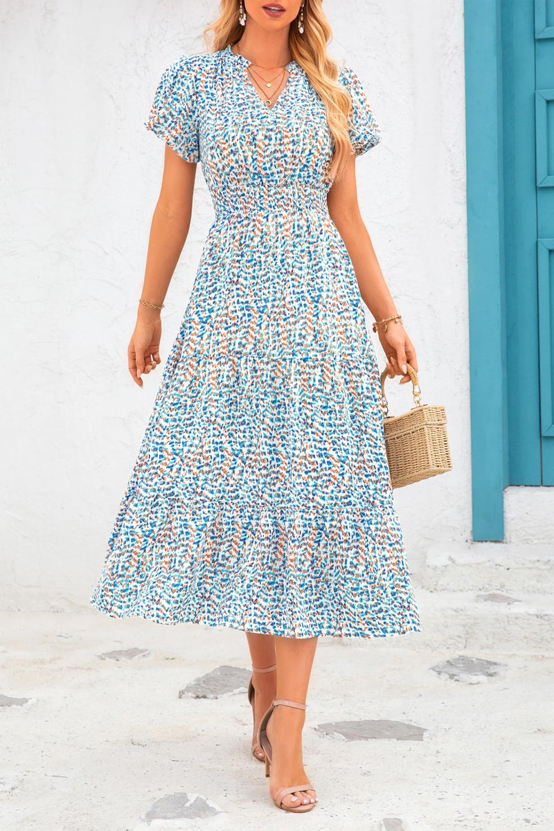 MASCOMODA Summer Maxi Dresses for Women 2026 Casual V Neck Puff Short Sleeve Smocked Flowy Beach Boho Long Floral Dress(Floral Blue White,X-Large) - Image 4