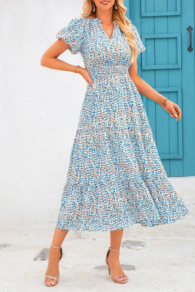 MASCOMODA Summer Maxi Dresses for Women 2026 Casual V Neck Puff Short Sleeve Smocked Flowy Beach Boho Long Floral Dress(Floral Blue White,X-Large) - Image 2