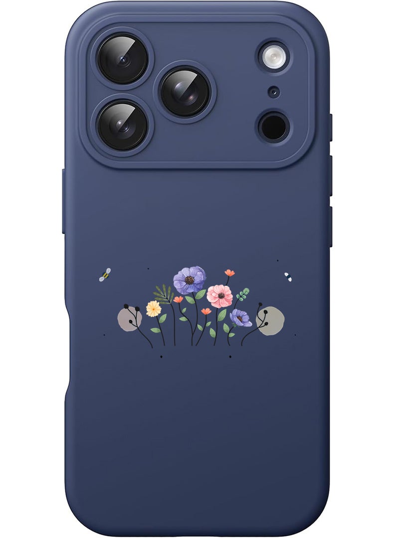 Theodor Protective Slim Fit Case Liquid Silicone Cover with Full Body Protection Anti-Scratch Shockproof Case For Apple iPhone 17 Pro Max (Blue) Flower and bees - Image 1