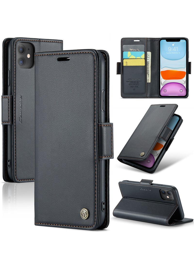 CaseMe Phone Case Luxury PU Leather Design Anti Fingerprint 023 Flip Cover Card Slot Holder Cover For iPhone 11 (Black ) - Image 2