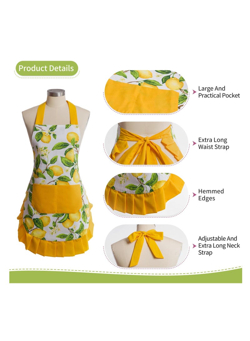 SYOSI Vintage Floral Apron for Women with Functional Pockets Adjustable Neck Strap for Kitchen Apron - Perfect for Cooking Baking Gardening Mother's Gifts for Mom Wife Grandma Yellow - Image 3