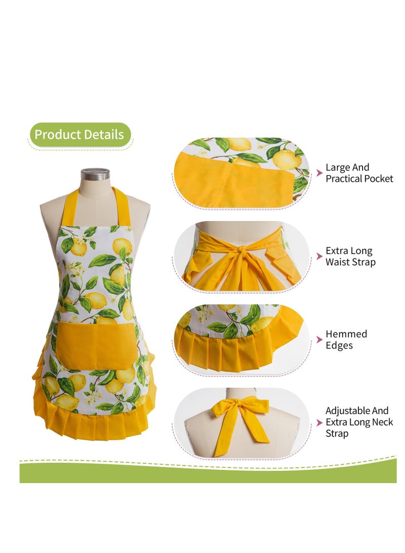 SYOSI Vintage Floral Apron for Women with Functional Pockets Adjustable Neck Strap for Kitchen Apron - Perfect for Cooking Baking Gardening Mother's Gifts for Mom Wife Grandma Yellow - Image 4