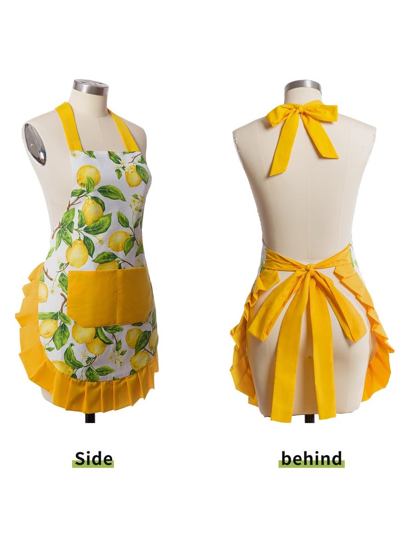 SYOSI Vintage Floral Apron for Women with Functional Pockets Adjustable Neck Strap for Kitchen Apron - Perfect for Cooking Baking Gardening Mother's Gifts for Mom Wife Grandma Yellow - Image 2