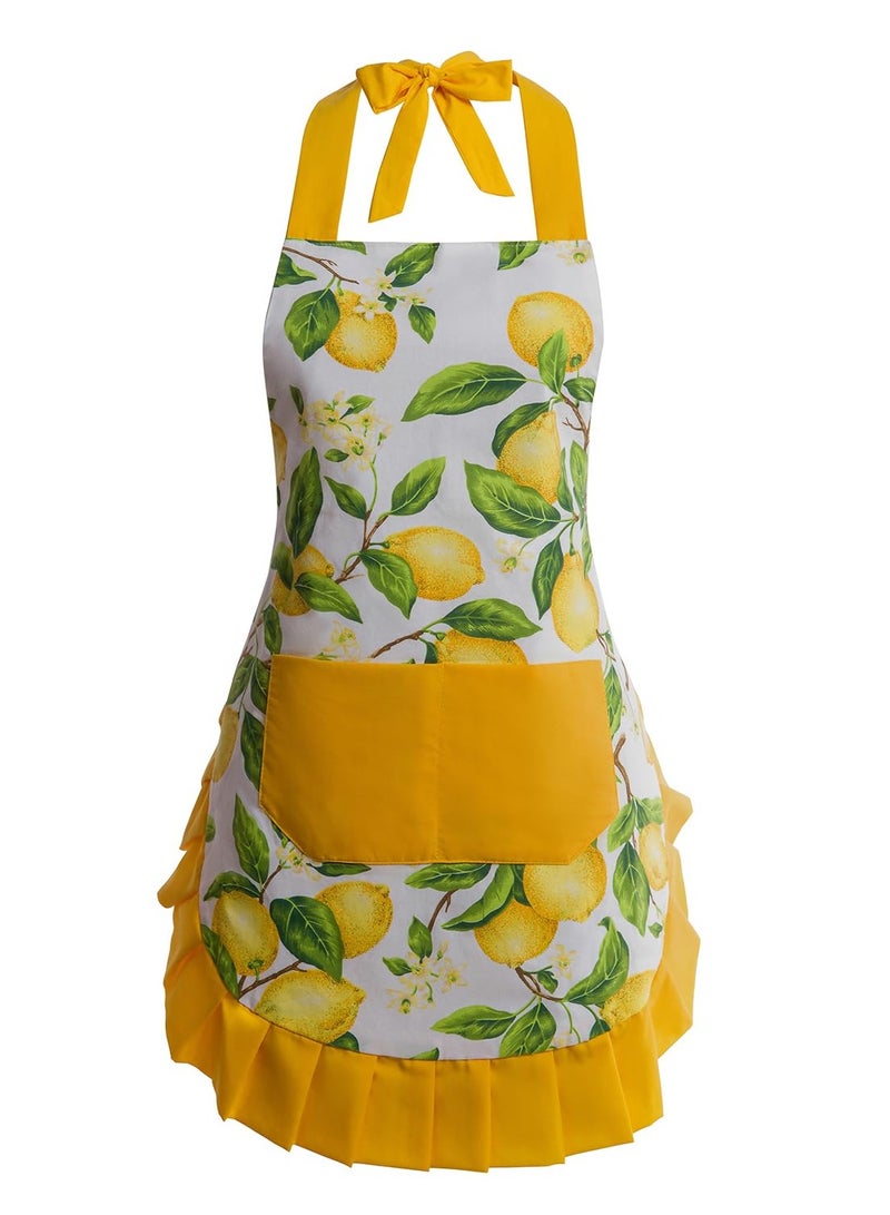 SYOSI Vintage Floral Apron for Women with Functional Pockets Adjustable Neck Strap for Kitchen Apron - Perfect for Cooking Baking Gardening Mother's Gifts for Mom Wife Grandma Yellow - Image 1