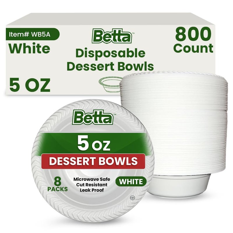 Betta 5 Oz Disposable Plastic Small Dessert Bowls, White, 800 Count, Bulk Case for Schools, Breakrooms and Cafeteria, Microwave Safe (8 Pack Per Box x100) - Image 1