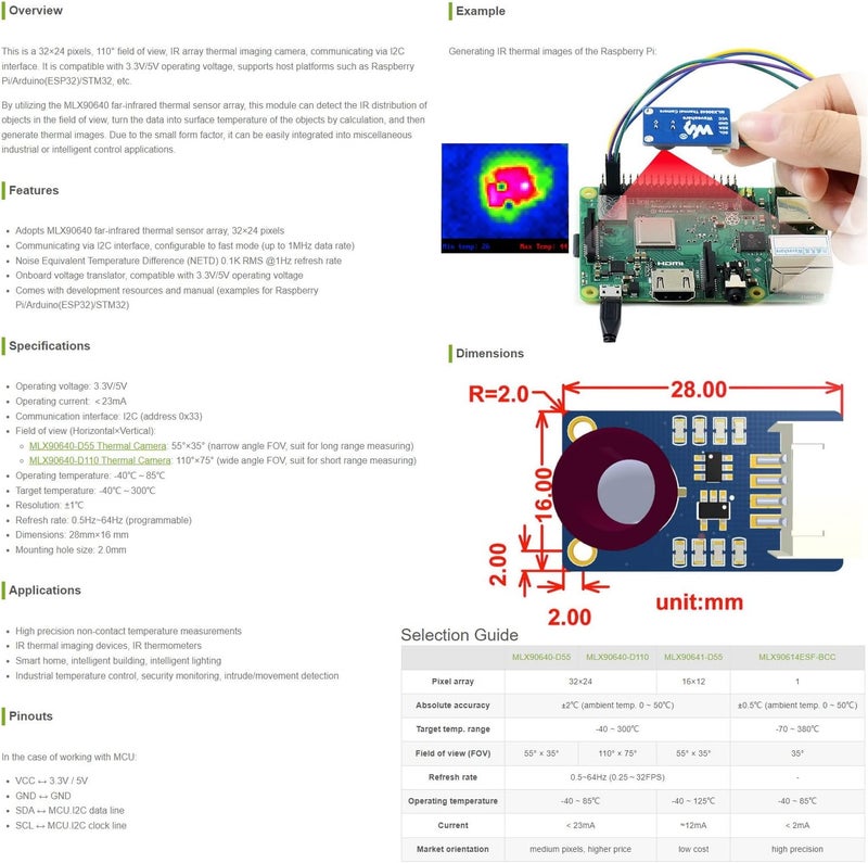 Waveshare MLX90640 IR Array Thermal Imaging Camera with 32×24 Pixels 110° Field of View Communicating via I2C Interface Supports Raspberry Pi/rduino(ESP32)/STM32, etc. - Image 4