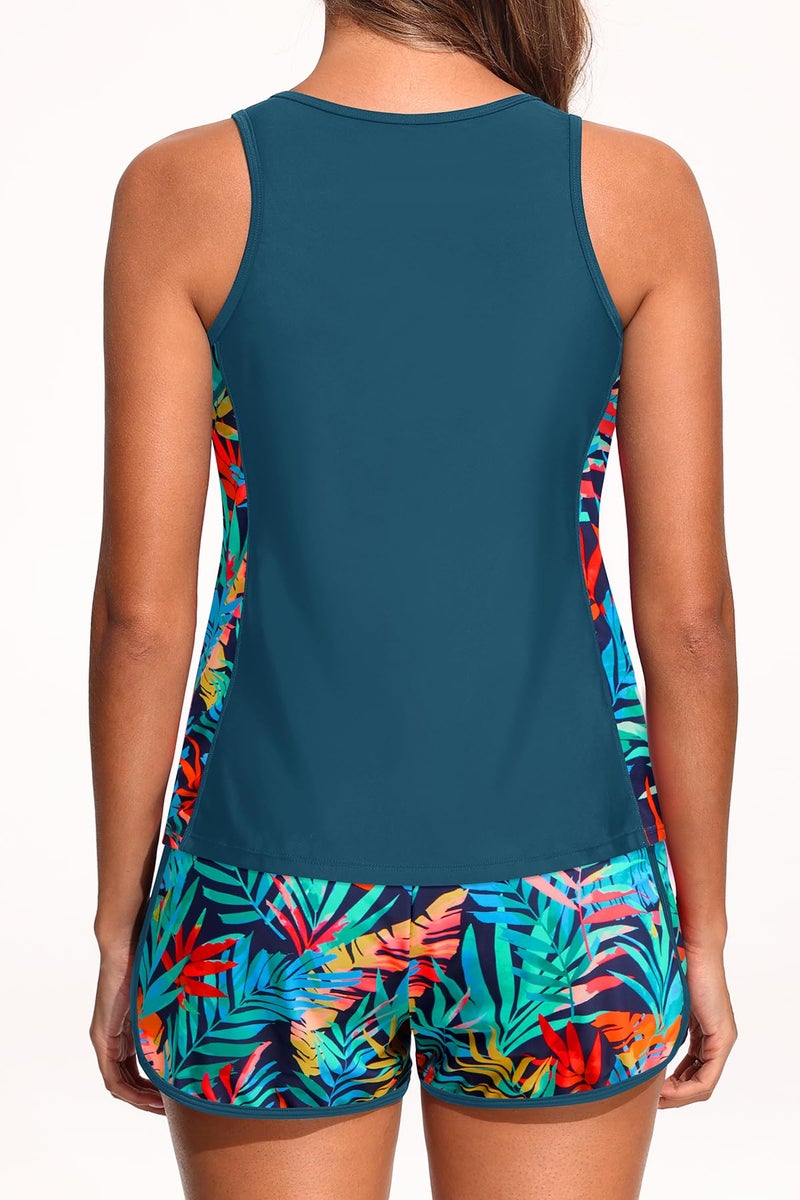 Yonique Women Tankini Swimsuit with Shorts - Tummy Control Two Piece Bathing Suit 2025 Swimwear with Sporty Pockets Colorful Leaves XL - Image 2