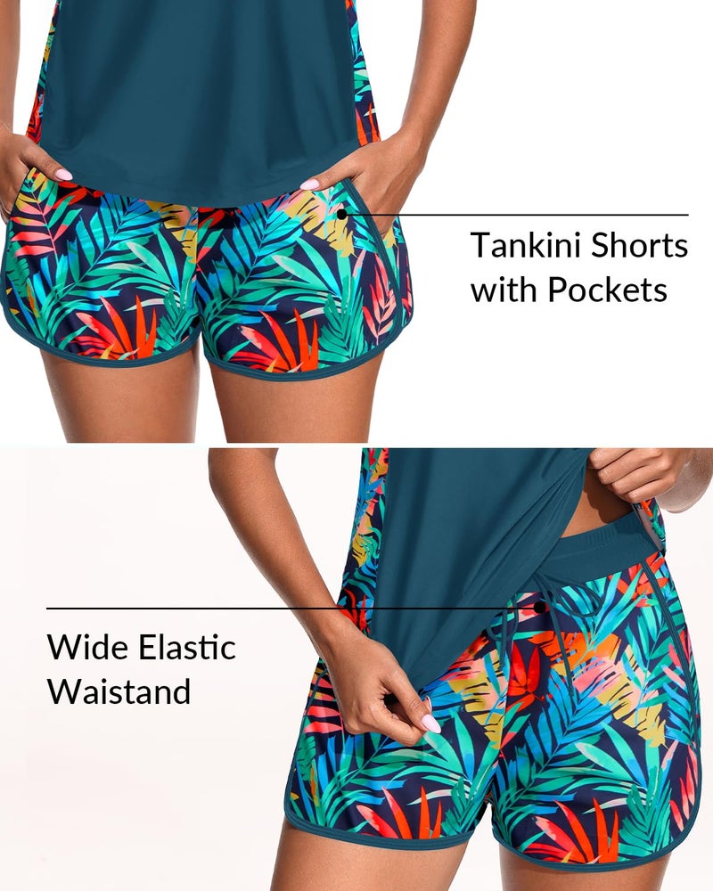 Yonique Women Tankini Swimsuit with Shorts - Tummy Control Two Piece Bathing Suit 2025 Swimwear with Sporty Pockets Colorful Leaves XL - Image 4