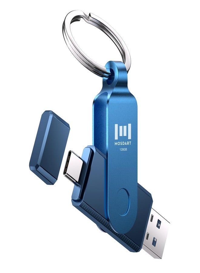 MOSDART 128GB Dual USB C 3.2 Flash Drive, Speed Up to 150MB/S Type C Thumb Drive with Keychain and LED Indicator, for iPhone 15,16,17, Android Phone, iPad, MacBook, and Laptops, Navy Blue - Image 1
