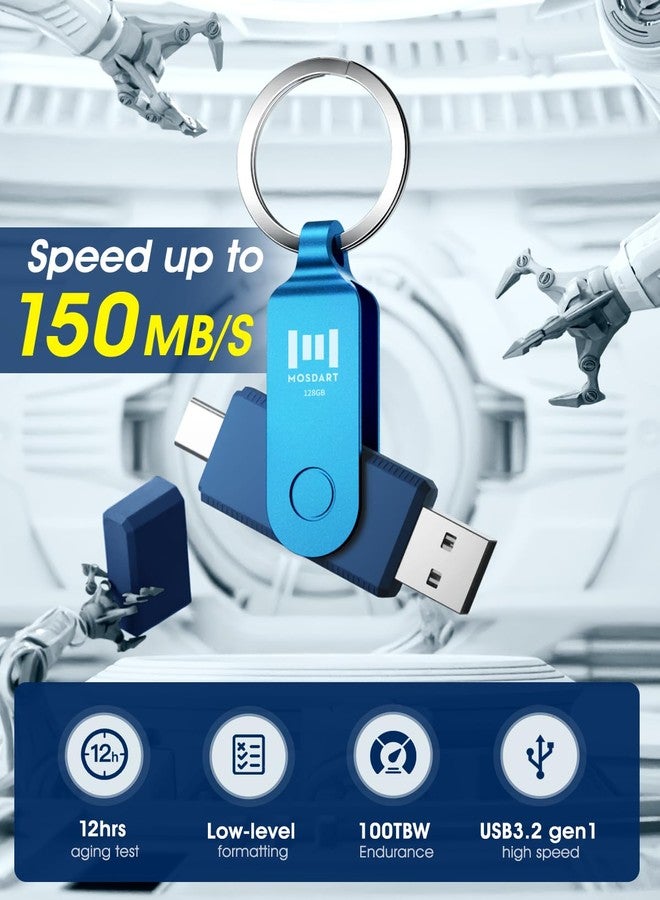 MOSDART 128GB Dual USB C 3.2 Flash Drive, Speed Up to 150MB/S Type C Thumb Drive with Keychain and LED Indicator, for iPhone 15,16,17, Android Phone, iPad, MacBook, and Laptops, Navy Blue - Image 4