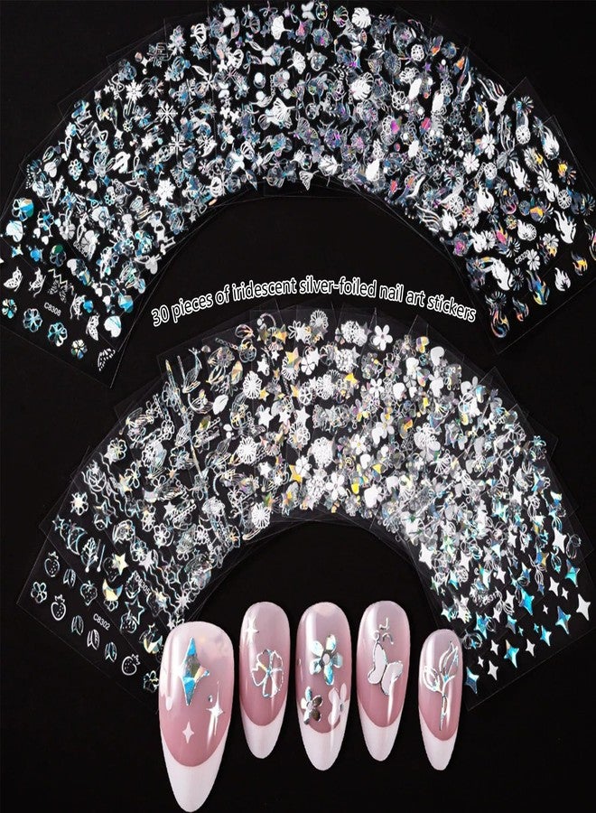 Snmzlc 30 Sheets Nail Art Stickers,Small Flower Stars Heart Nail Decals for Nails Design,3D Self Adhesive Supplies,Design Decoration Accessories for Women and GirlsUS357(Silver) - Image 3