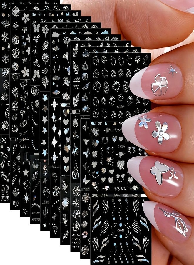 Snmzlc 30 Sheets Nail Art Stickers,Small Flower Stars Heart Nail Decals for Nails Design,3D Self Adhesive Supplies,Design Decoration Accessories for Women and GirlsUS357(Silver) - Image 1