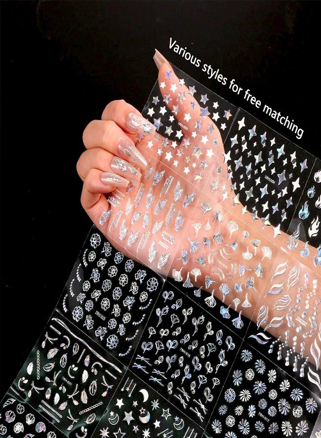 Snmzlc 30 Sheets Nail Art Stickers,Small Flower Stars Heart Nail Decals for Nails Design,3D Self Adhesive Supplies,Design Decoration Accessories for Women and GirlsUS357(Silver) - Image 2