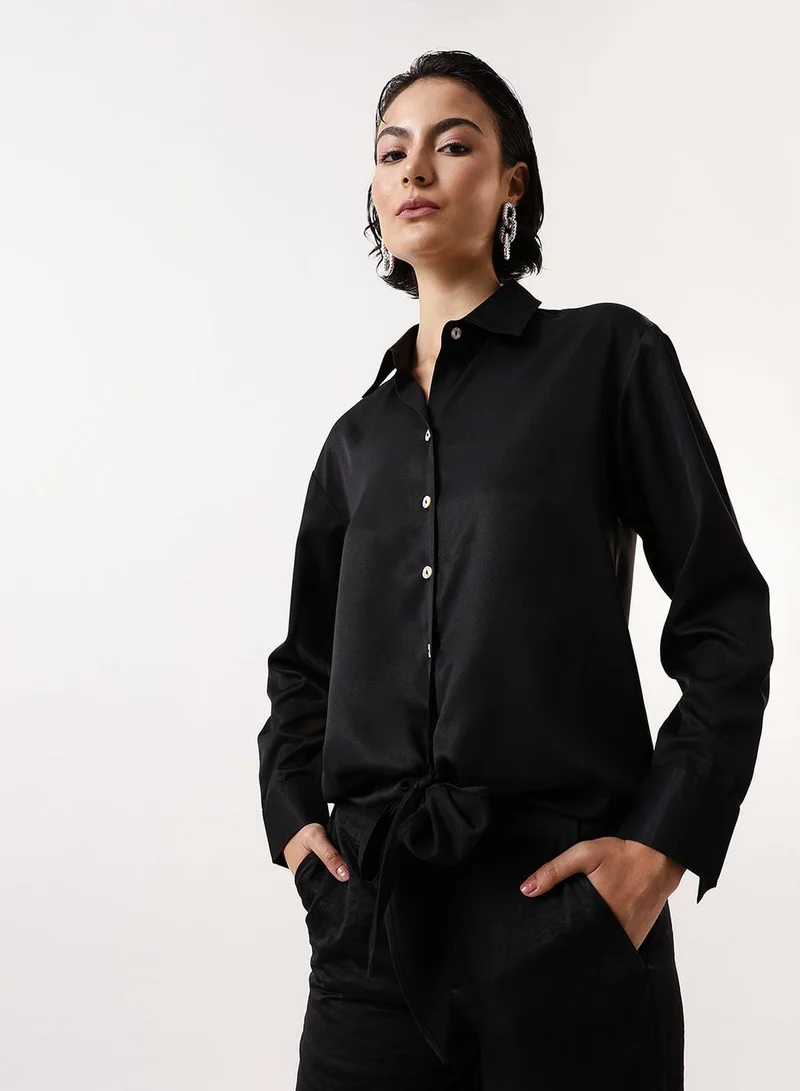 Dennis Lingo Women's Black Beauty Poly Twill Solid T-Shirt Regular Fit Tops