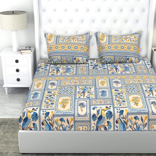 VAS COLLECTIONS Super Soft Glace Cotton King Size AC Comforter Wedding Gift Set (with Bag) for Double Bed with 1 Flat Bedsheet and 2 Pillow Cover (4PC Comforter Set) Tealish Blue and Yellow - Image 4
