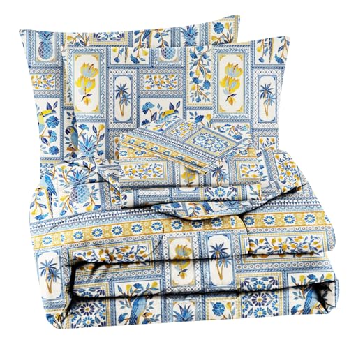 VAS COLLECTIONS Super Soft Glace Cotton King Size AC Comforter Wedding Gift Set (with Bag) for Double Bed with 1 Flat Bedsheet and 2 Pillow Cover (4PC Comforter Set) Tealish Blue and Yellow - Image 5