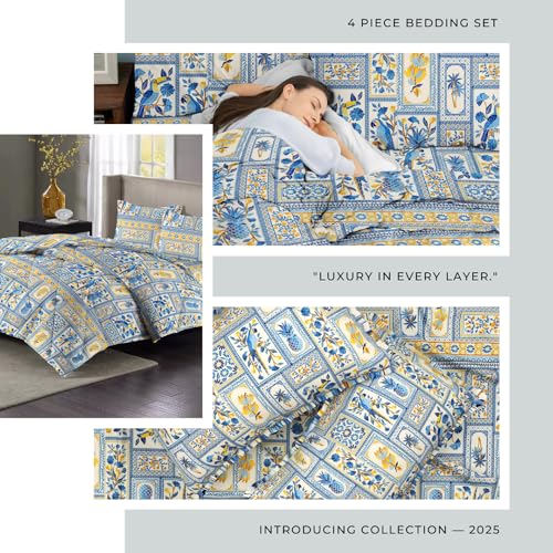 VAS COLLECTIONS Super Soft Glace Cotton King Size AC Comforter Wedding Gift Set (with Bag) for Double Bed with 1 Flat Bedsheet and 2 Pillow Cover (4PC Comforter Set) Tealish Blue and Yellow - Image 3