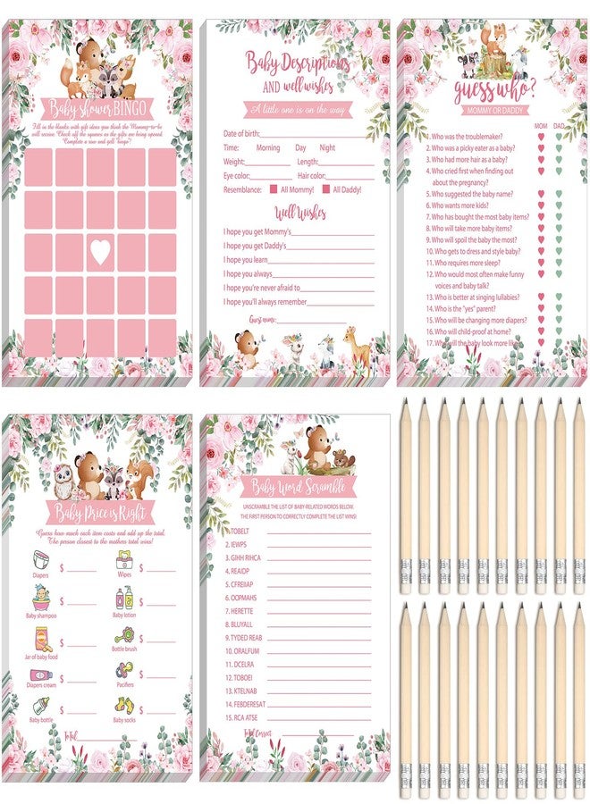 Leinuosen 145 Pieces Woodland Baby Shower Game Floral Forest Animals 5 Games Set Funny Activities with 20 Pencils for Kids Include Baby Descriptions and Wishes - Image 1