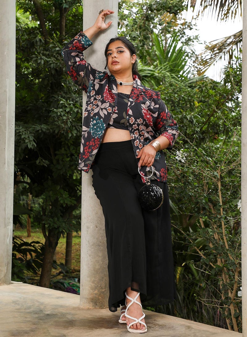 Instafab Plus Women's Obsidian Black Botanica Flared Co-Ord Set For Ethnic Wear | Sweetheart Neck, Long Regular Sleeves | Floral Print Plain Fabric | 3 Piece Co-Ords For Evening & Party Wear - Image 1