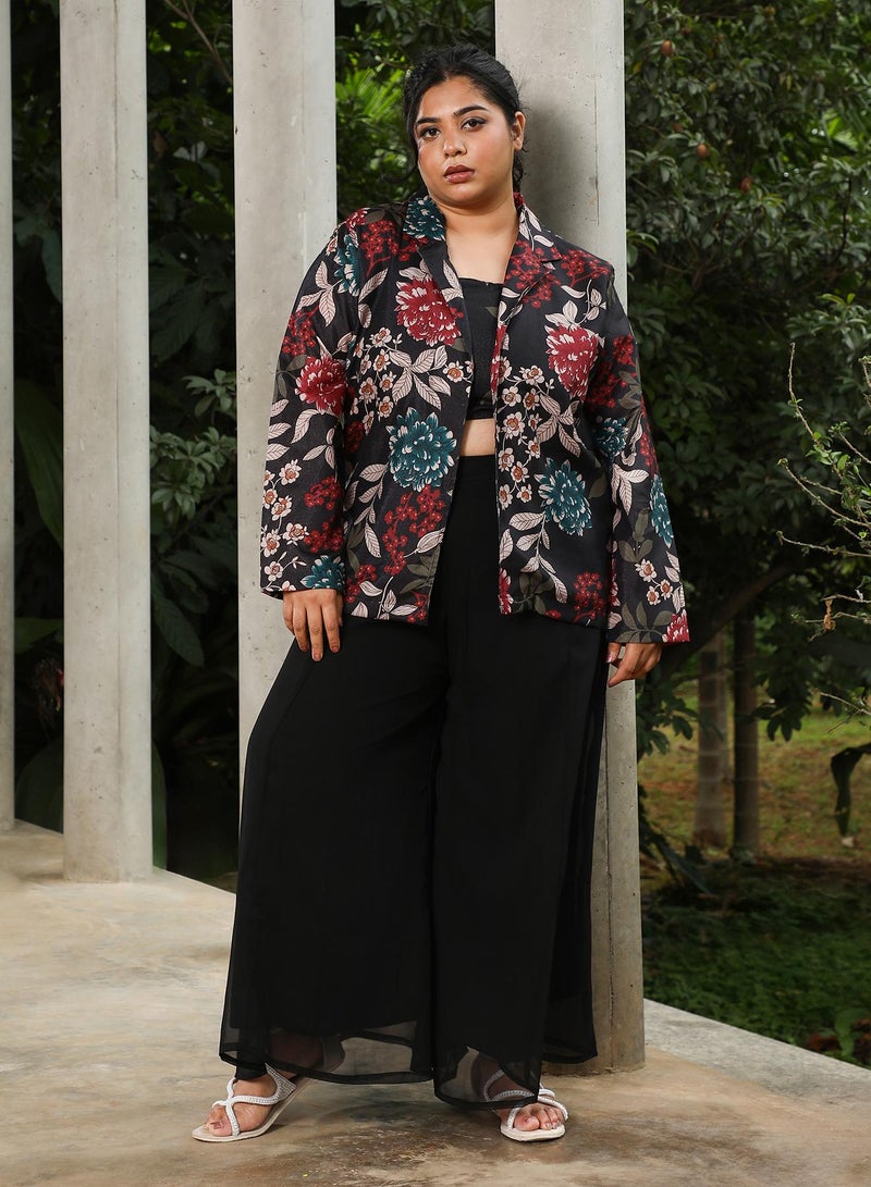 Instafab Plus Women's Obsidian Black Botanica Flared Co-Ord Set For Ethnic Wear | Sweetheart Neck, Long Regular Sleeves | Floral Print Plain Fabric | 3 Piece Co-Ords For Evening & Party Wear - Image 3