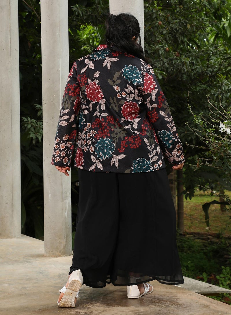 Instafab Plus Women's Obsidian Black Botanica Flared Co-Ord Set For Ethnic Wear | Sweetheart Neck, Long Regular Sleeves | Floral Print Plain Fabric | 3 Piece Co-Ords For Evening & Party Wear - Image 5