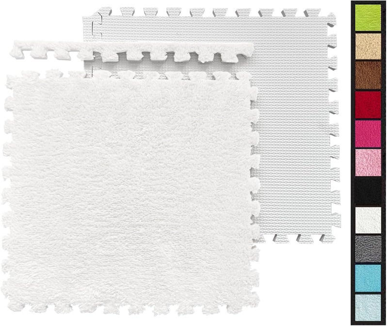 HUIDUO 12 Pcs Kids Foam Interlocking Carpet Tiles with Border, Thick Carpet Squares Plush Floor Playmats Baby Crawling Rug - 49" x 37“ (White, 12 Tiles) - Image 1