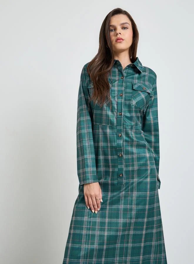 تايك تو Dark Green Checked Long Sleeve Shirt Maxi Dress