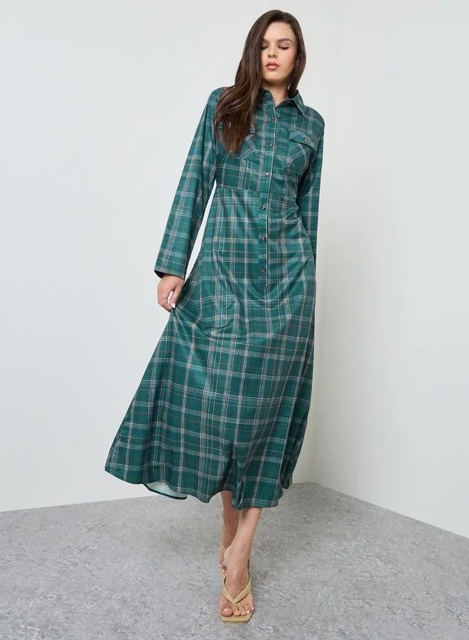 تايك تو Dark Green Checked Long Sleeve Shirt Maxi Dress