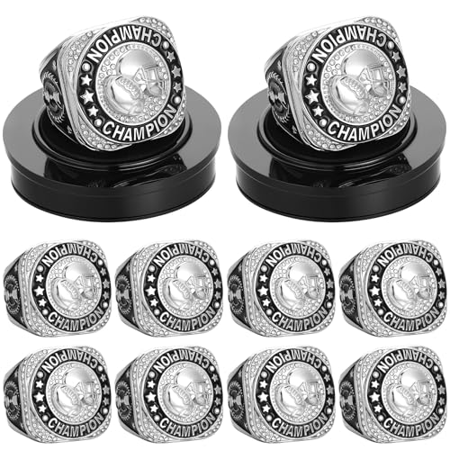 Highergo 10 Pcs Basketball Softball Baseball MVP Dancer Champion Trophy Ring with Display Stand Star Football Soccer Volleyball Golf Cheerleading Bowling Track FieldSilverFootball - Image 1