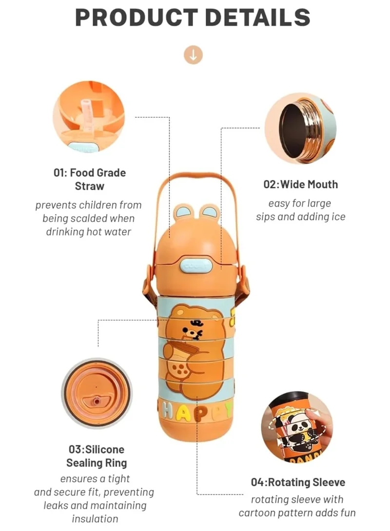 Mobcos Stainless Steel Kids Puzzle Swirl Water Bottle with Straw &amp; Strap Double Wall Vacuum Insulated Educational, Fun and Learning Water Bottle for Kids, Girls and Boys Leak Proof 430ml (Brown)