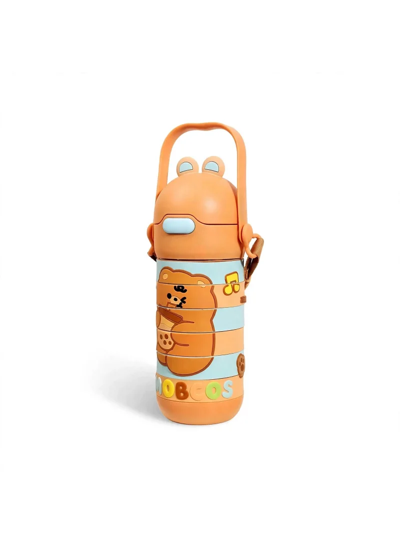 Mobcos Stainless Steel Kids Puzzle Swirl Water Bottle with Straw &amp; Strap Double Wall Vacuum Insulated Educational, Fun and Learning Water Bottle for Kids, Girls and Boys Leak Proof 430ml (Brown)