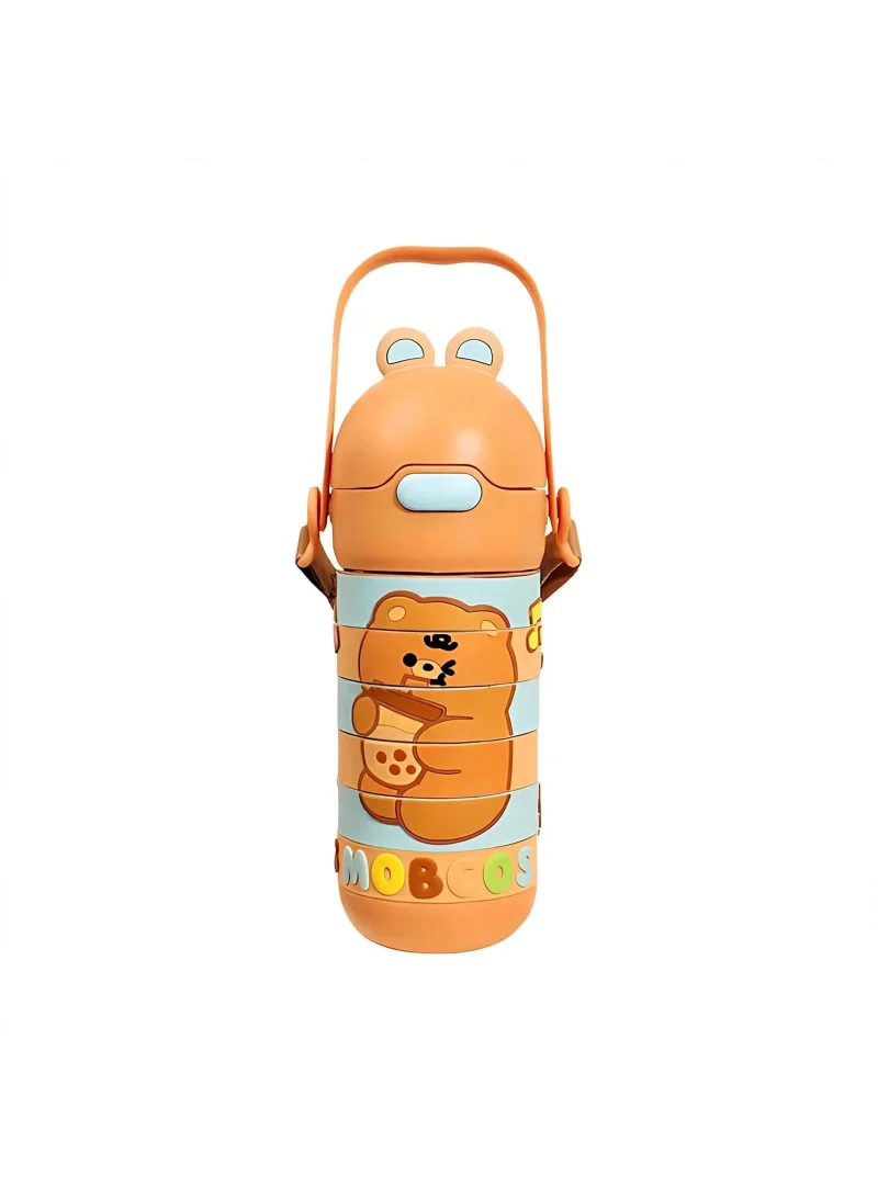 Mobcos Stainless Steel Kids Puzzle Swirl Water Bottle with Straw &amp; Strap Double Wall Vacuum Insulated Educational, Fun and Learning Water Bottle for Kids, Girls and Boys Leak Proof 430ml (Brown)