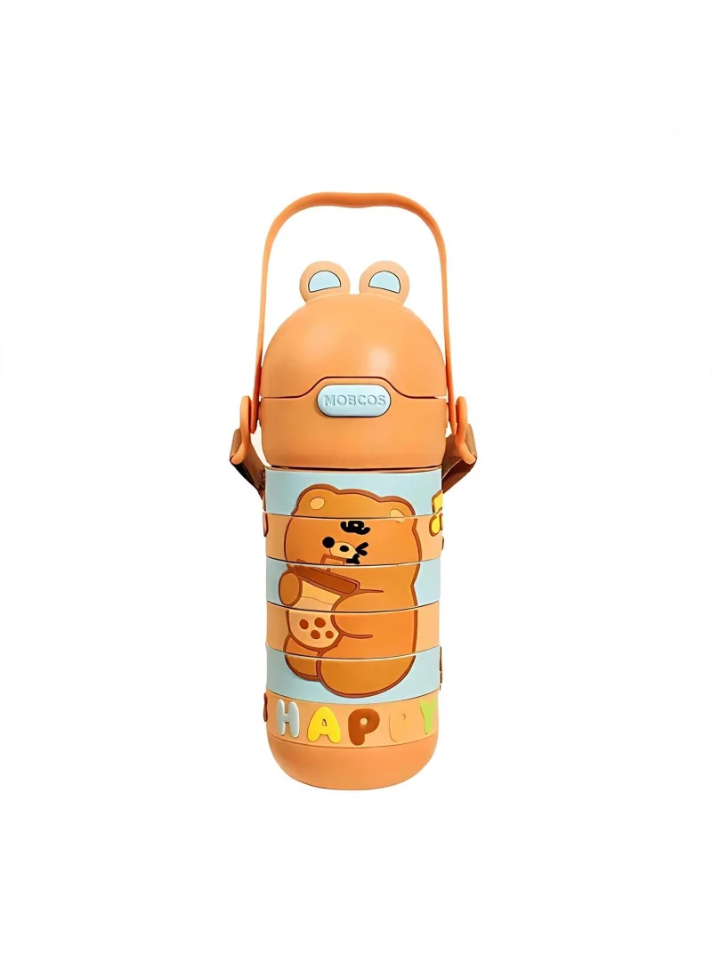 Mobcos Stainless Steel Kids Puzzle Swirl Water Bottle with Straw &amp; Strap Double Wall Vacuum Insulated Educational, Fun and Learning Water Bottle for Kids, Girls and Boys Leak Proof 430ml (Brown)