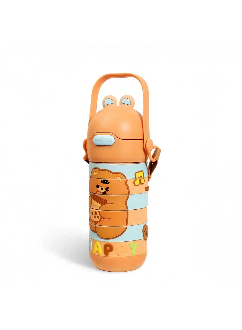 Mobcos Stainless Steel Kids Puzzle Swirl Water Bottle with Straw &amp; Strap Double Wall Vacuum Insulated Educational, Fun and Learning Water Bottle for Kids, Girls and Boys Leak Proof 430ml (Brown)