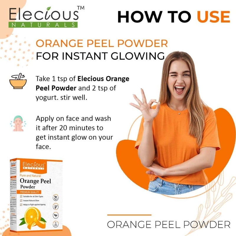 Elecious Orange Peel Powder For Skin and Face (200 Grams) | No Chemical, No preservative | Help in Tan Removal, Face cleansing and make skin glowing - Image 5