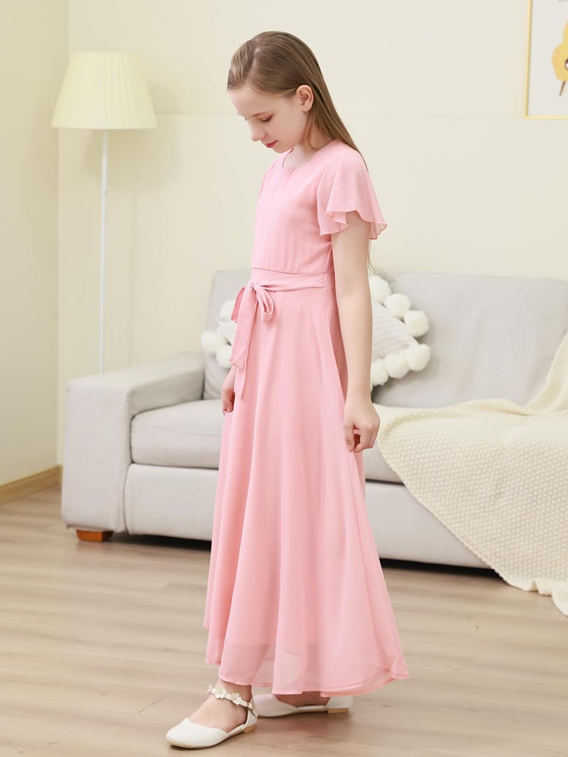 GORLYA Girls Scoop Neck Ruffle Sleeve Vintage Elegant Flowy Wedding Party Long Maxi Chiffon Dress 10-16Y(GOR1184,12Y,Pink) - Image 5