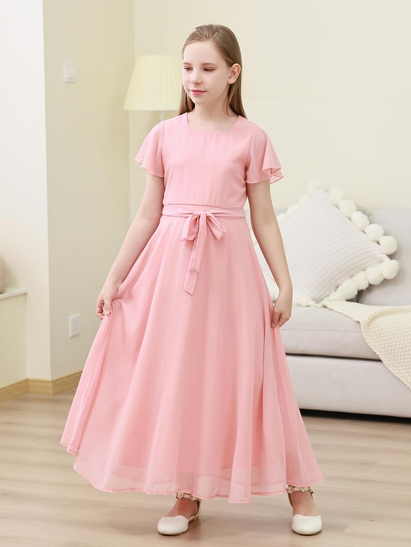GORLYA Girls Scoop Neck Ruffle Sleeve Vintage Elegant Flowy Wedding Party Long Maxi Chiffon Dress 10-16Y(GOR1184,12Y,Pink) - Image 3